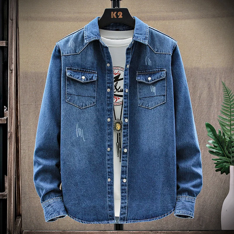 2022 Jeans Shirt Men Denim Shirts Mens Tropical Casual Men Long Sleeve Windbreaker Shirt Male Cotton Cowboy Jean Shirts Clothing