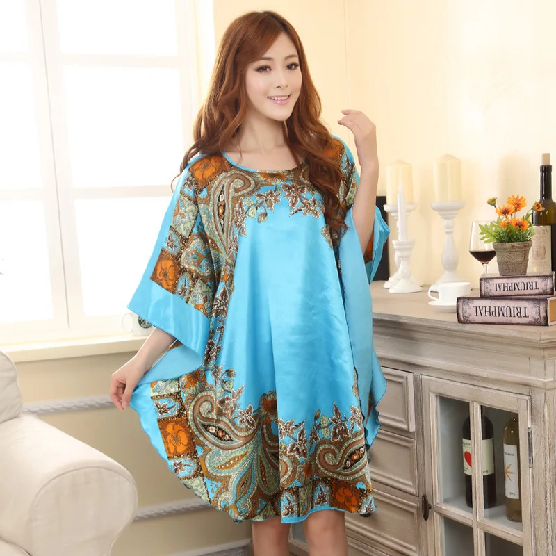 Summer New Light Blue Chinese Style Silk Rayon Robe Women\'s Sexy Loose Home Dress Vintage Kaftan Bath Gown Pajamas  Z02