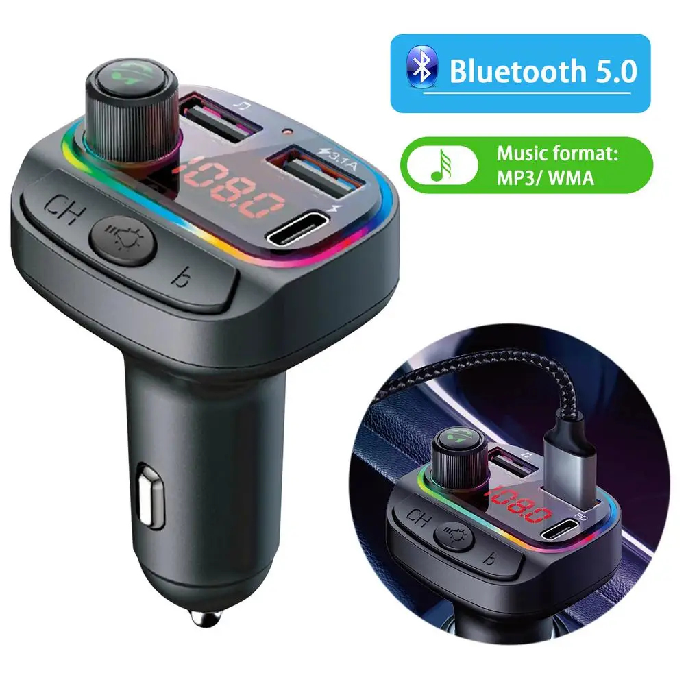 Bluetooth Version 5.0 C14 FM Transmitter Car MP3 Player Kit Card Car Charger Quick With QC3.0 Dual USB Voltmeter DC 12/ 24V