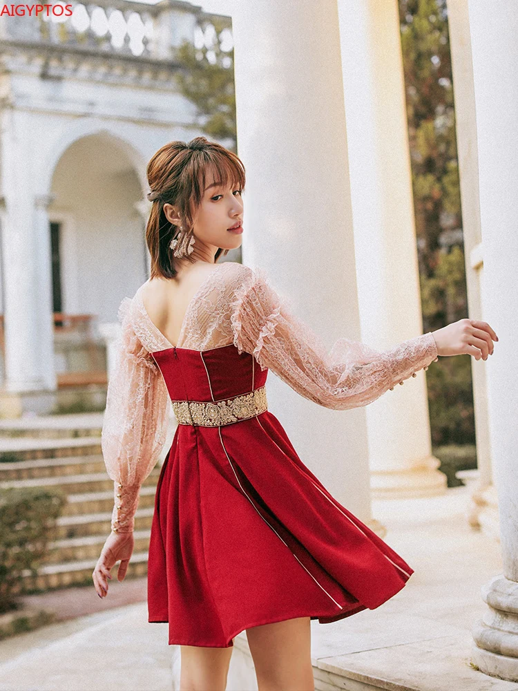 

Design Spring Original Women Vintage Elegant Slim Mini Dresses Retro Sweet Emboidery Lace Patchwork Short Dress