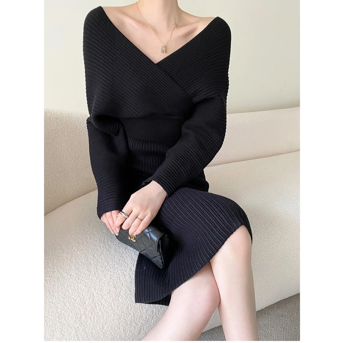 Gestrickte Pullover Kleid Frauen Herbst Winter Neue V-ausschnitt Mit Langen Schlanken Stricken Kleider Weibliche Hohe Taille Elegante Abend Party Kleid