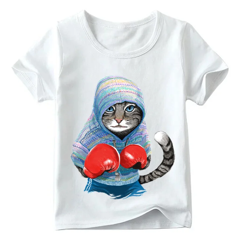 Children Super Cool Boxing Cat Attack Print T shirt Baby BoysGirls Short Sleeve Summer Tops Tee Kids Great Casual Clothes Tshirt