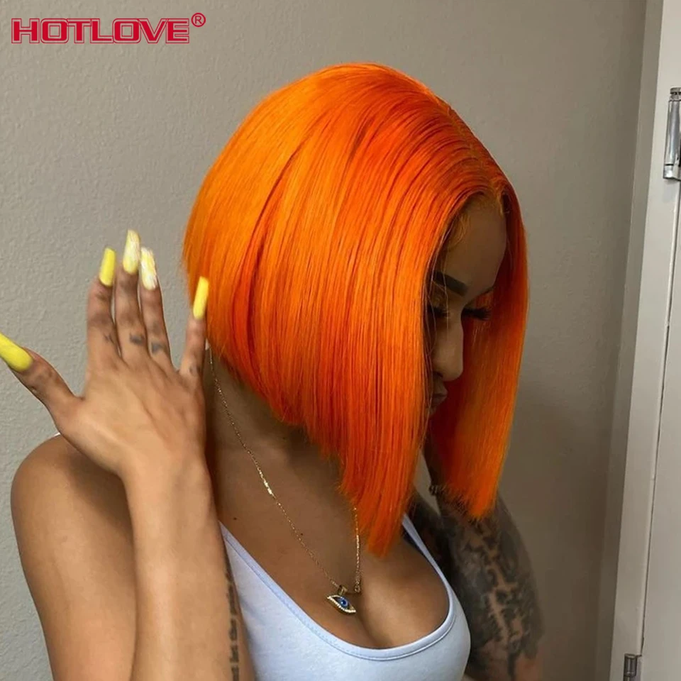 

Short Bob Wig Ginger Transparent Lace Front Human Hair Wigs Pre Plucked 13x4x1 Indian Orange Straight Lace Bob Wig 150% Remy Wig