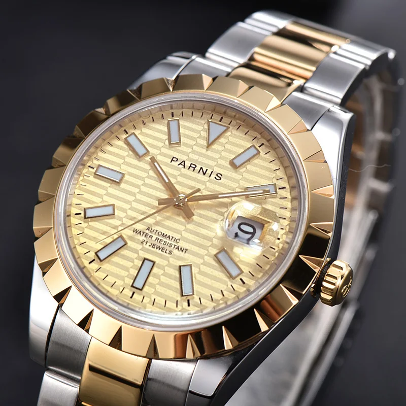 

Parnis New 39.5 mm Miyota Gold Dial Luminous Men's Watches Calendar Sapphire Glass Automatic Mechanical Men Wristwatch
