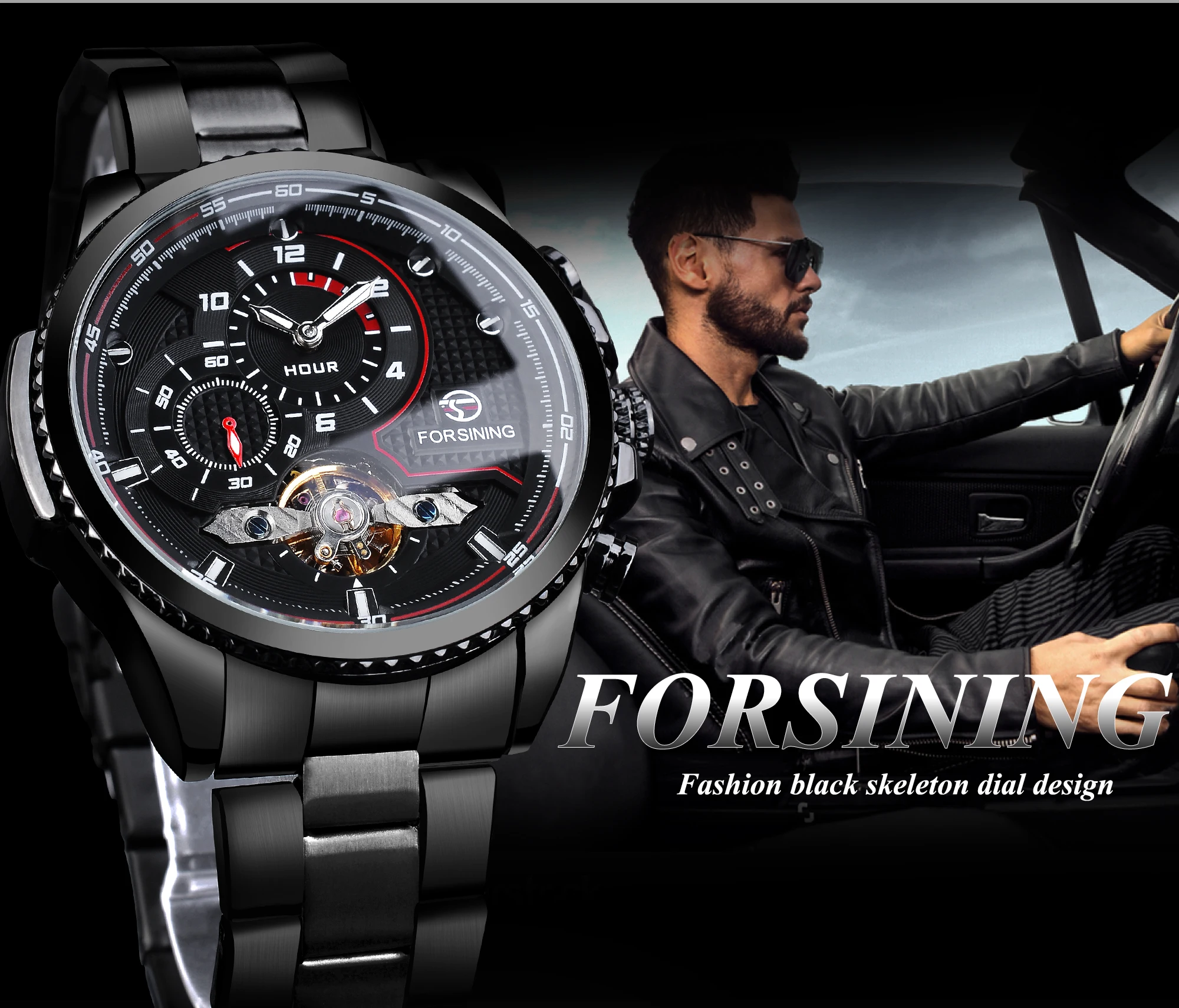 Forsining Black Dial Automatic Mechanical Watch Waterproof Wristwatches Tourbillon Stainless Steel Band Military Watches Reloj