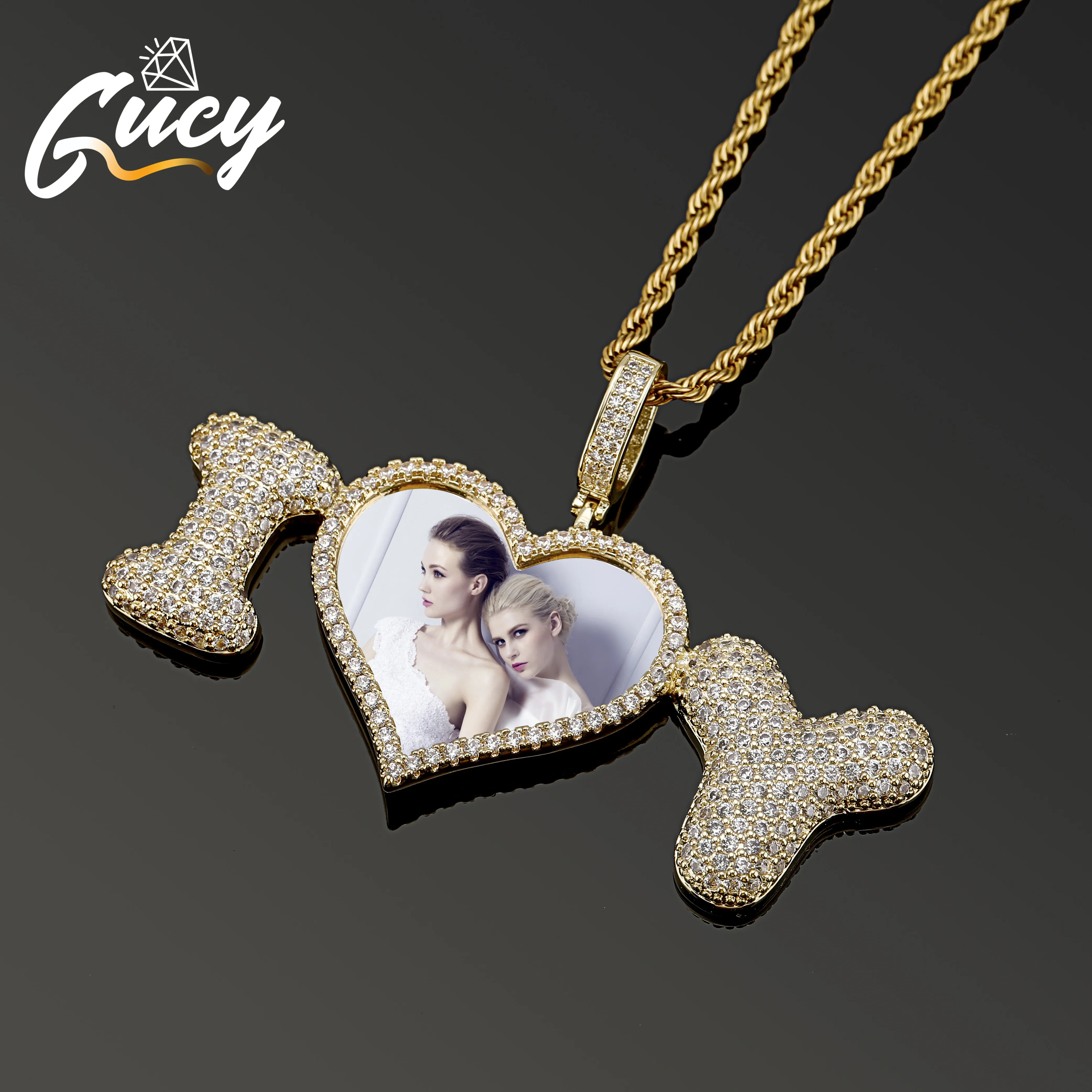 

GUCY Fashion A-Z Custom Name Big Letters & Heart Photos Pendant Necklace Men's CZ Hip Hop Jewelry Gift