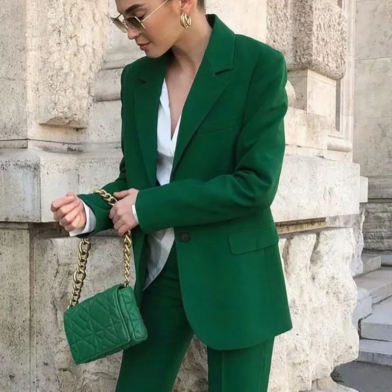 Vintage Women Green Jackets Spring Autumn Fashion Ladies Elegant Slim Blazers Streetwear Girls Chic Tops Office Work Formal Wear