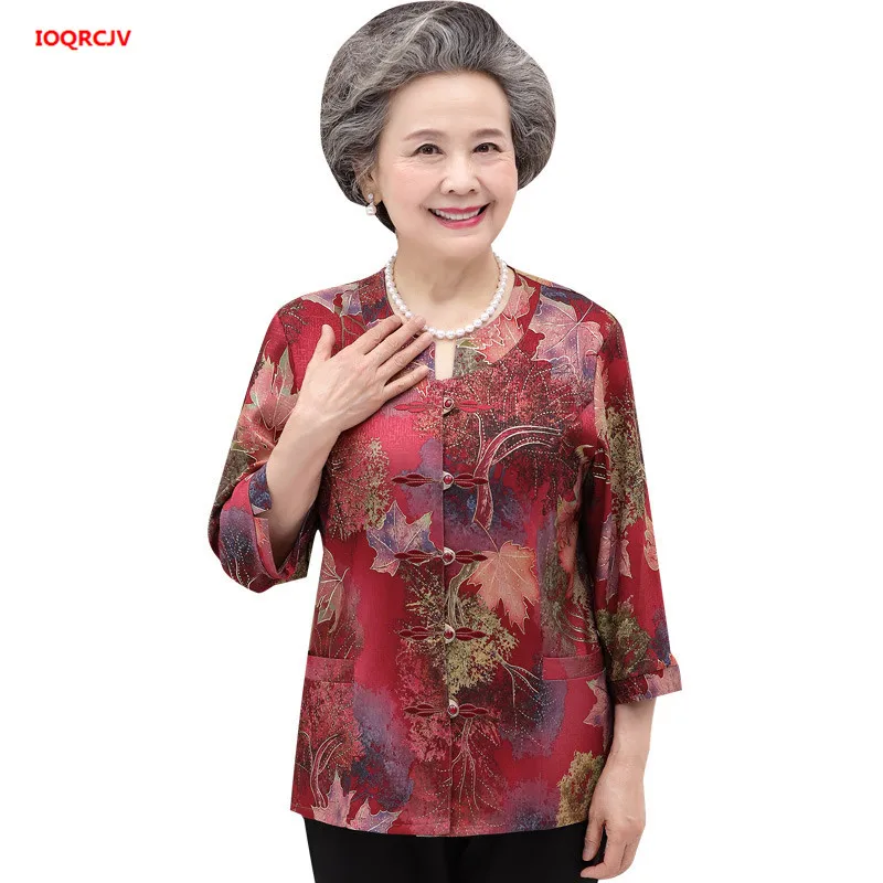 

Middle Age Women Blouse Spring Summer New Mother Three Quarter Sleeves Print Shirt Blusa Grandma Top Thin Cardigan 189