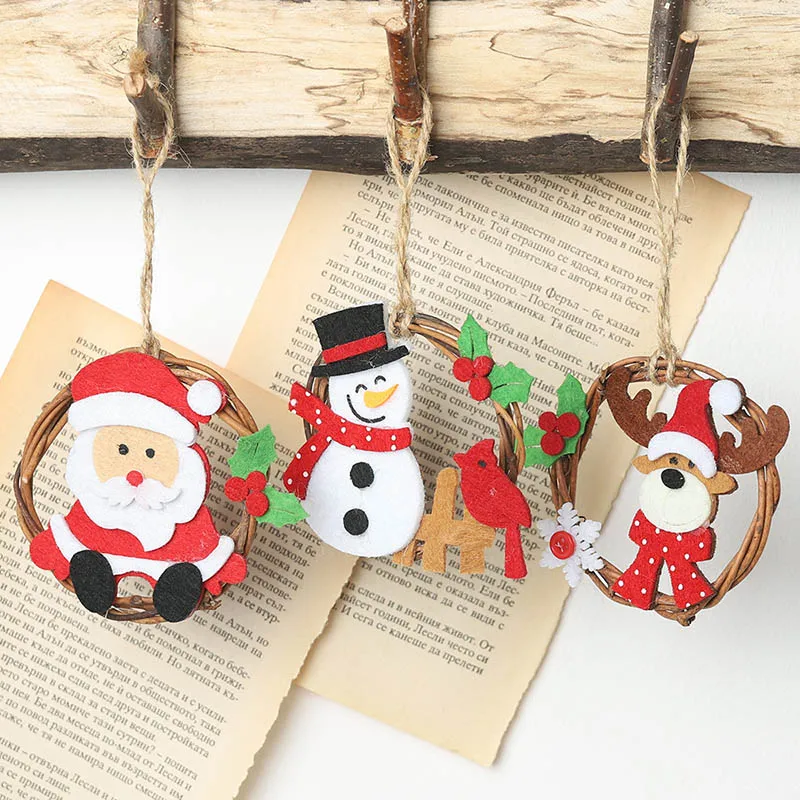 Christmas Tree Decoration Xmas DIY Christmas Non-woven Rattan Ring Pendant Santa Claus Snowman Garland Hanging Ornament for Home