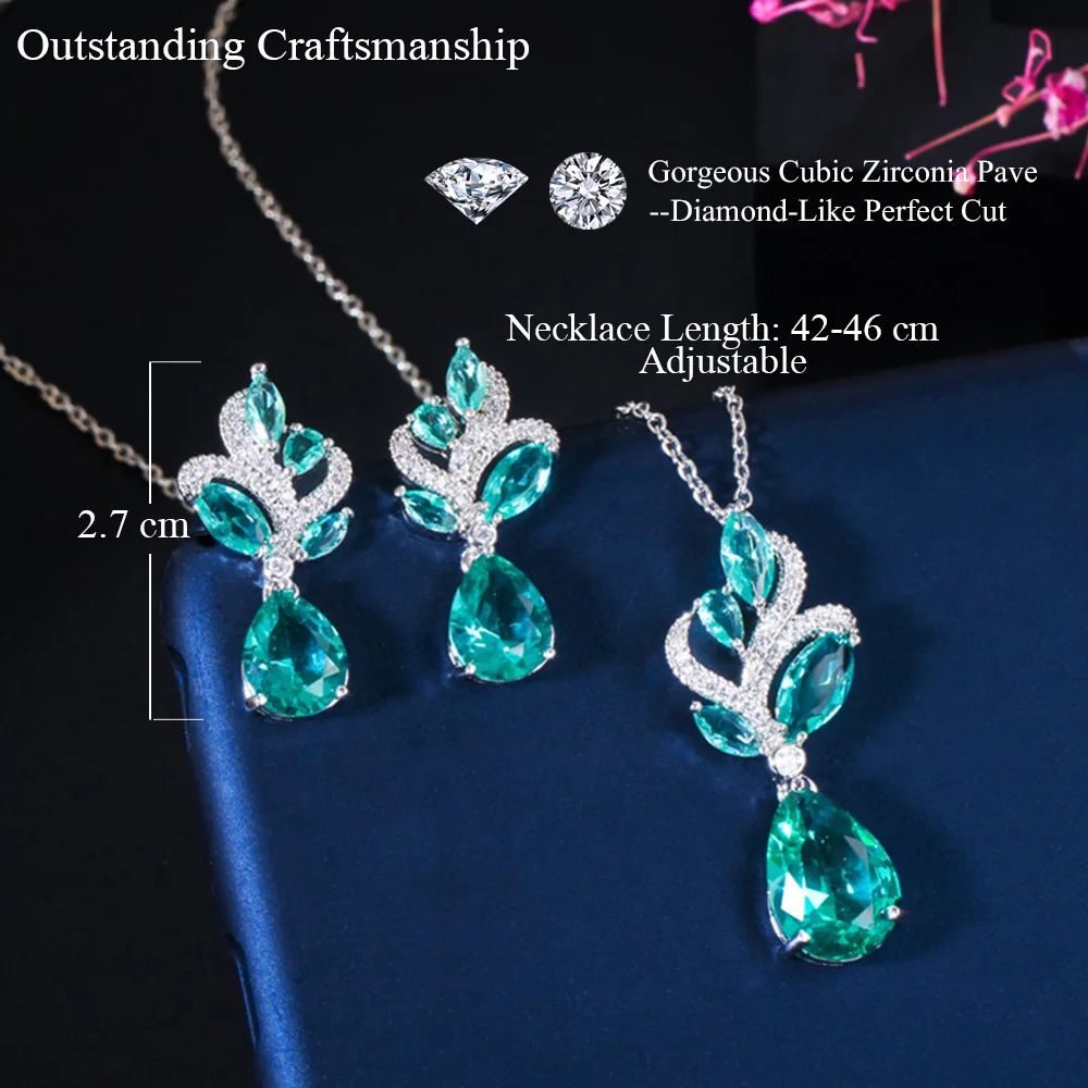 Pera Elegant Korean Style Light Blue Cubic Zirconia Women Fashion Pendant Leaf Necklace Water Drop Earrings Jewelry Sets J151