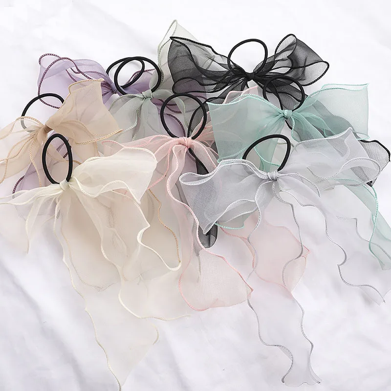 Sweet Big Bow Organza Streamers Hair Scrunchies Soft Ponytail Elastic Hair Ties Rope Girls Hair Accessories Women Ribbon Bands