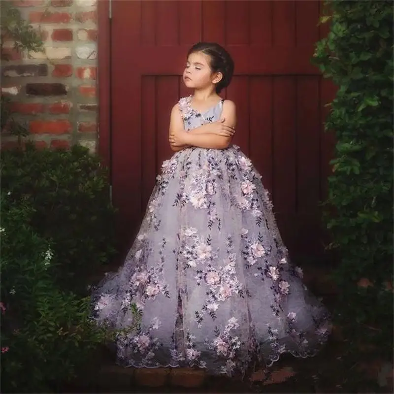 Lavendel Kant Bloem Meisje Jurken 3D Bloemen Applique Tulle Een Line Floor Lengte Girls 'Formele Verjaardagsfeestje Pageant Jurk