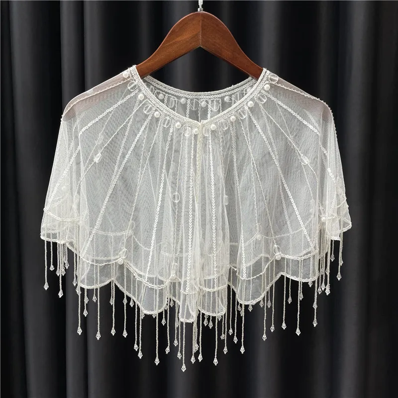 Retro 1920s Luxurious Handwork Beaded Tassel Shawl Vintage Flapper Evening Cape Sheer Mesh Vertical Bar Bolero Party