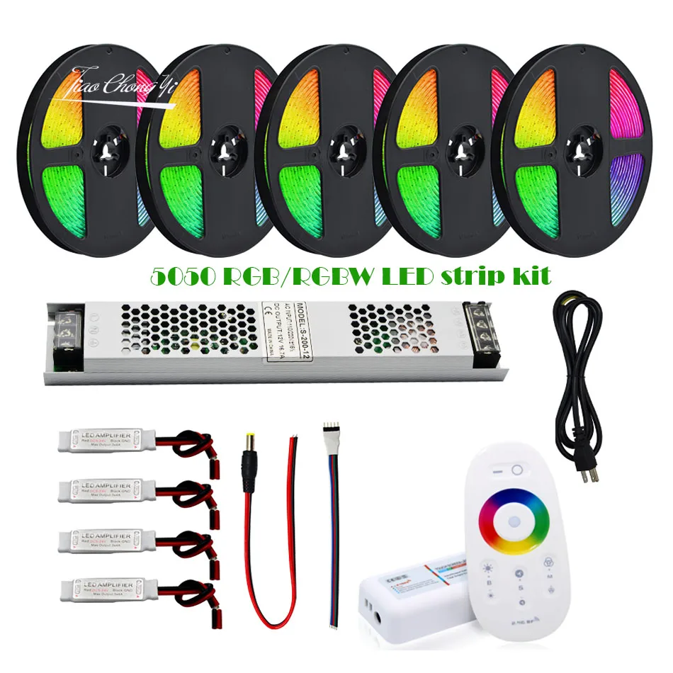 LED Strip 5050 RGB RGBW RGBWW LED Flexible Strip Tape+RF 2.4G Remote Controller +DC 12V 220V  LED Power Adapter Kit