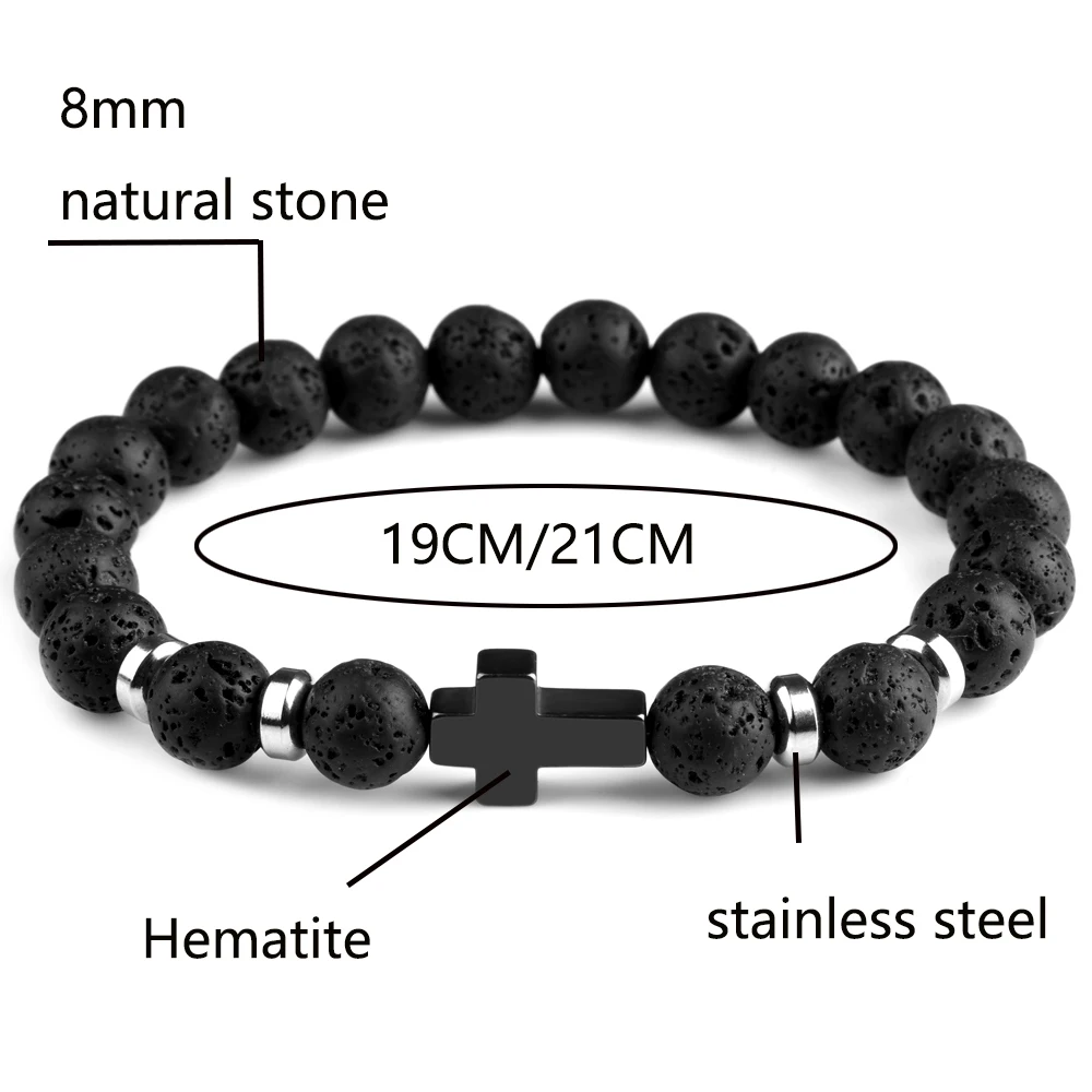 Natural Stone Bracelets Hematite Cross Pendent 8mm Tiger Eye Black Onyx Lava Howlite Bead Elastic Rope Bracelet For Men Gift