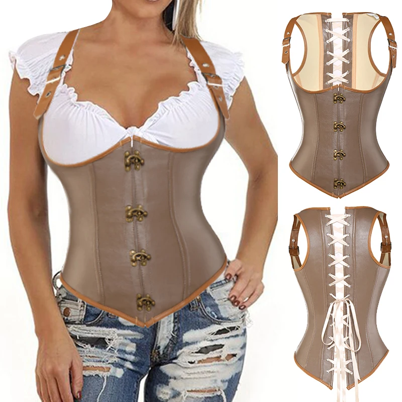 

Women's Corset Faux Leather Steampunk Corsets Victorian Plus Size Bustier Top Lace Up Waist Training Cincher