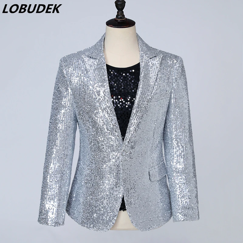 Fashion Male Singer Stage Silver Sequins Blazer One Button Shiny Suit Jacket Bar Nightclub Concert Costume Tuxedo Casual Coat