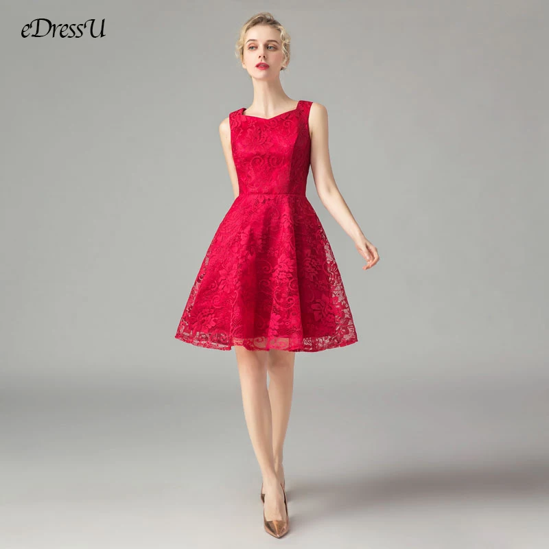 Red Cocktail Party Dress Elegant Lace Dancing Dress Short Prom Dress Sexy Cut Out Dress WS-7553