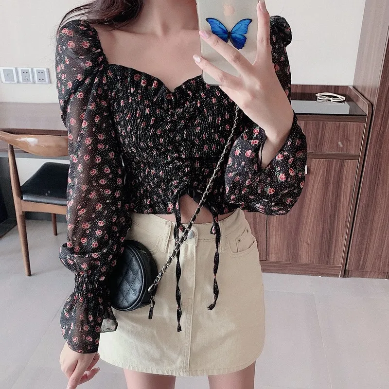 Bloemenprint Trekkoord Crop Top Vrouwen Lente Herfst Lange Mouw Paars Wit Chiffon Blouse Shirt Koreaanse Stijl Dames Korte Tops