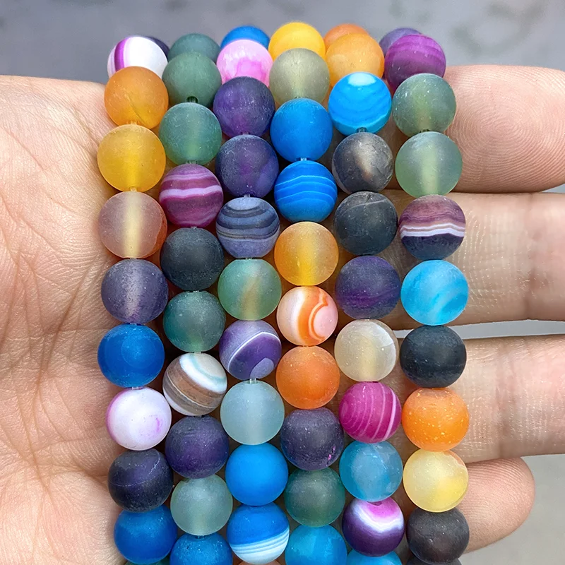 Natural Matte Mixed Color Stripe Agates Loose Round Beads Diy Bracelet Necklace 15