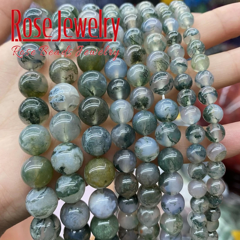 5A Natural Moss Grass Agates Beads Green Grass Onyx Smooth Spacer Round Stone Beads For Jewelry Making 4 6 8 10 12mm 15'' Strand