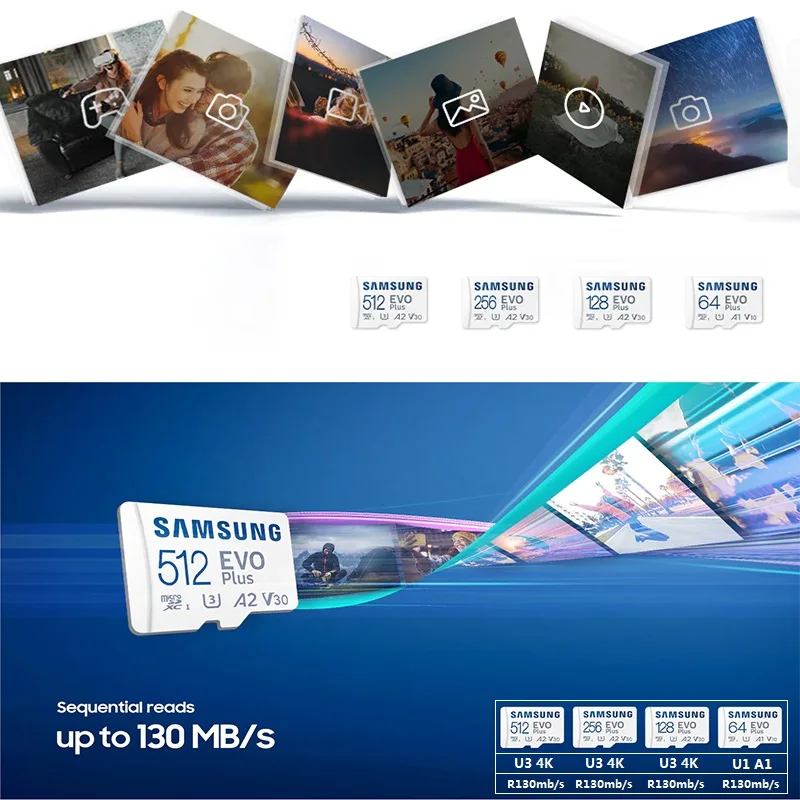 Samsung EVO PLUS การ์ดหน่วยความจำ32GB/SDHC 64GB/128GB/256GB/512GB SDXC Micro SD/tf แฟลชการ์ด UHS-1 microSD สำหรับโทรศัพท์โดรน