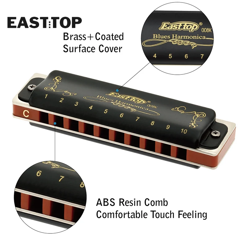 EASTTOP T008K  Paddy 12 tones  New harmonica brass reedplates phosphor bronze reeds diatonic blues harp good harmonica