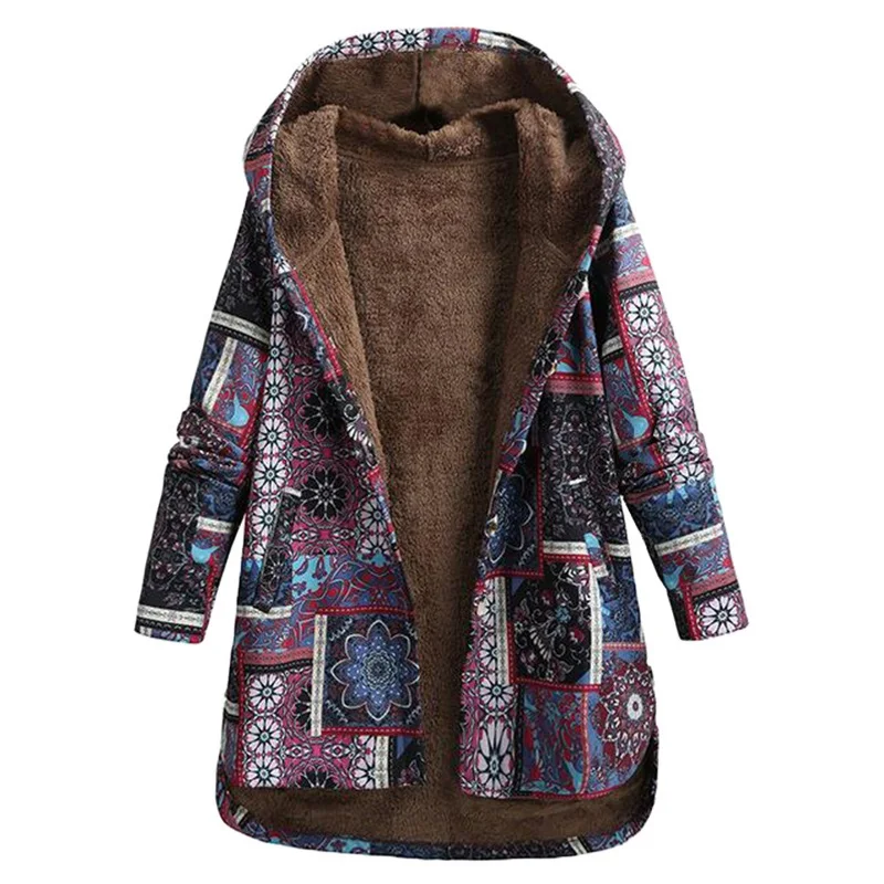 Vintage Women Winter Warm Floral Print Hooded Jacket Casual Long Sleeve Bohemia Faux Fur Ling Coat Ladies Loose Plush Outerwear