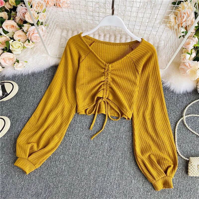 Women Summer V-Neck Bandage Lace Up Strap Knitted Sweater Shirt New Lady Short Elastic Slim Pullover Drawstring Chic Blouse Tops