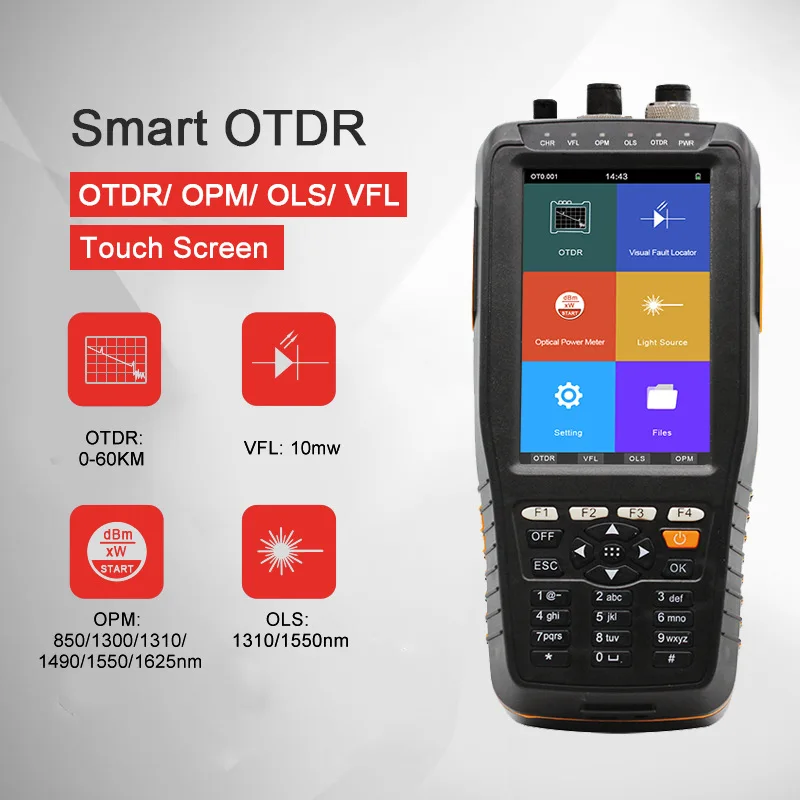 

TM290T OTDR Optical TimeDomain Reflectometer Smart OTDR tester OPM OLS VFL with 1310/1550nm 4inch touch screen tester 10KM