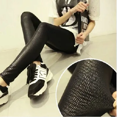 Snakeskin legginsy damskie PU spodnie skórzane wzór wysoka rozciągliwość jakość Skinny czarny matowy Casual Punk Rock legginsy