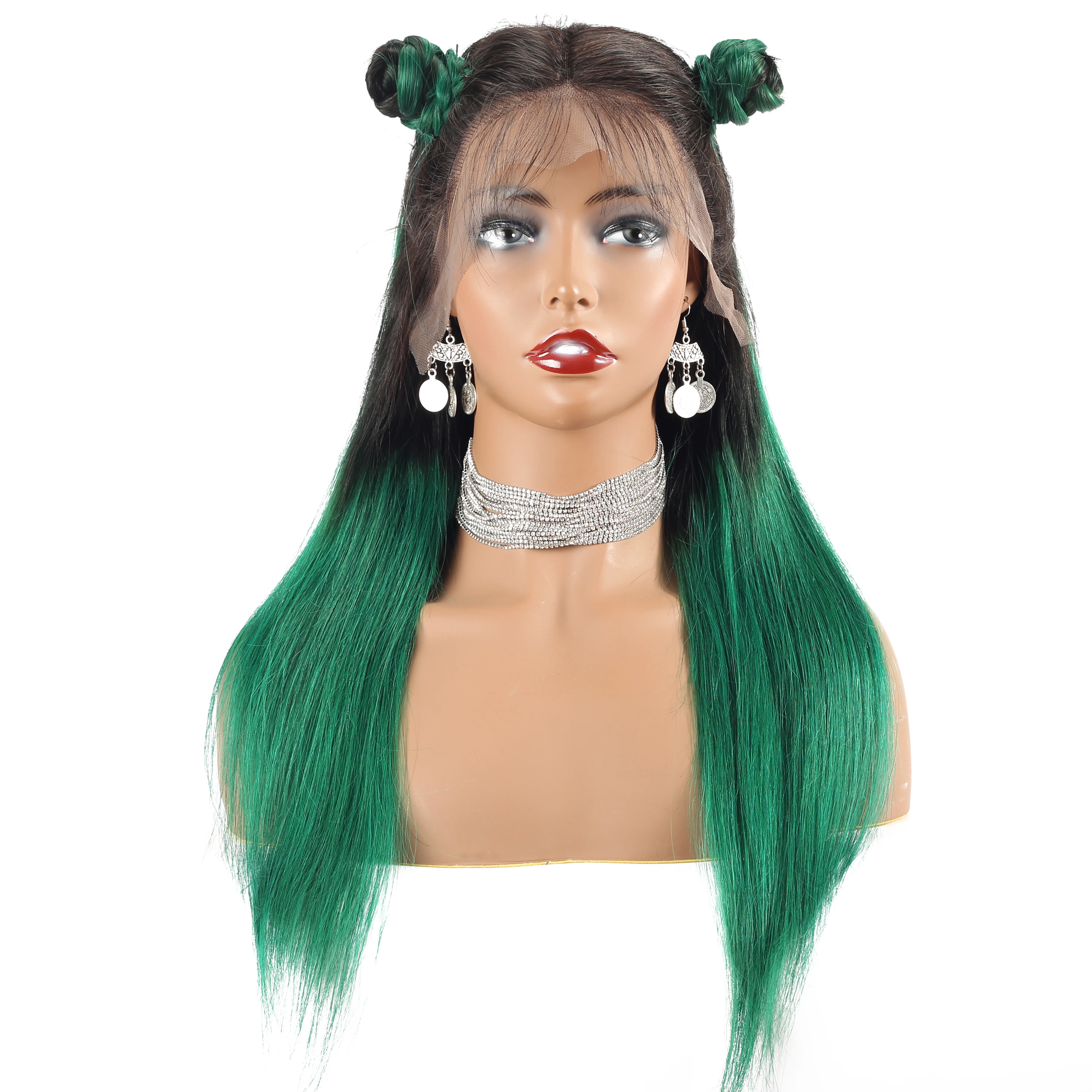 Peluca de cabello humano liso para mujeres negras, postizo de encaje frontal transparente, color verde degradado, 13x4, 4x4, prearrancado