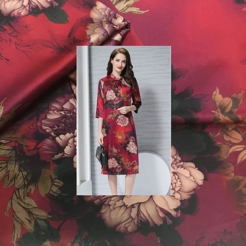 

Retro peony flower heavy stretch digital printing fabric natural mulberry silk high fashion textile fabric for dress sewing