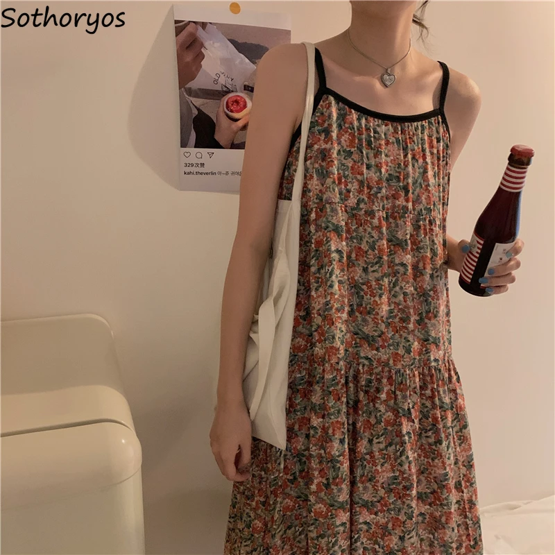 

Women Dresses Sleeveless Floral Retro Trendy Draped Loose Leisure Korean Style Teens Elegant Streetwear All-match Sweet Gentle