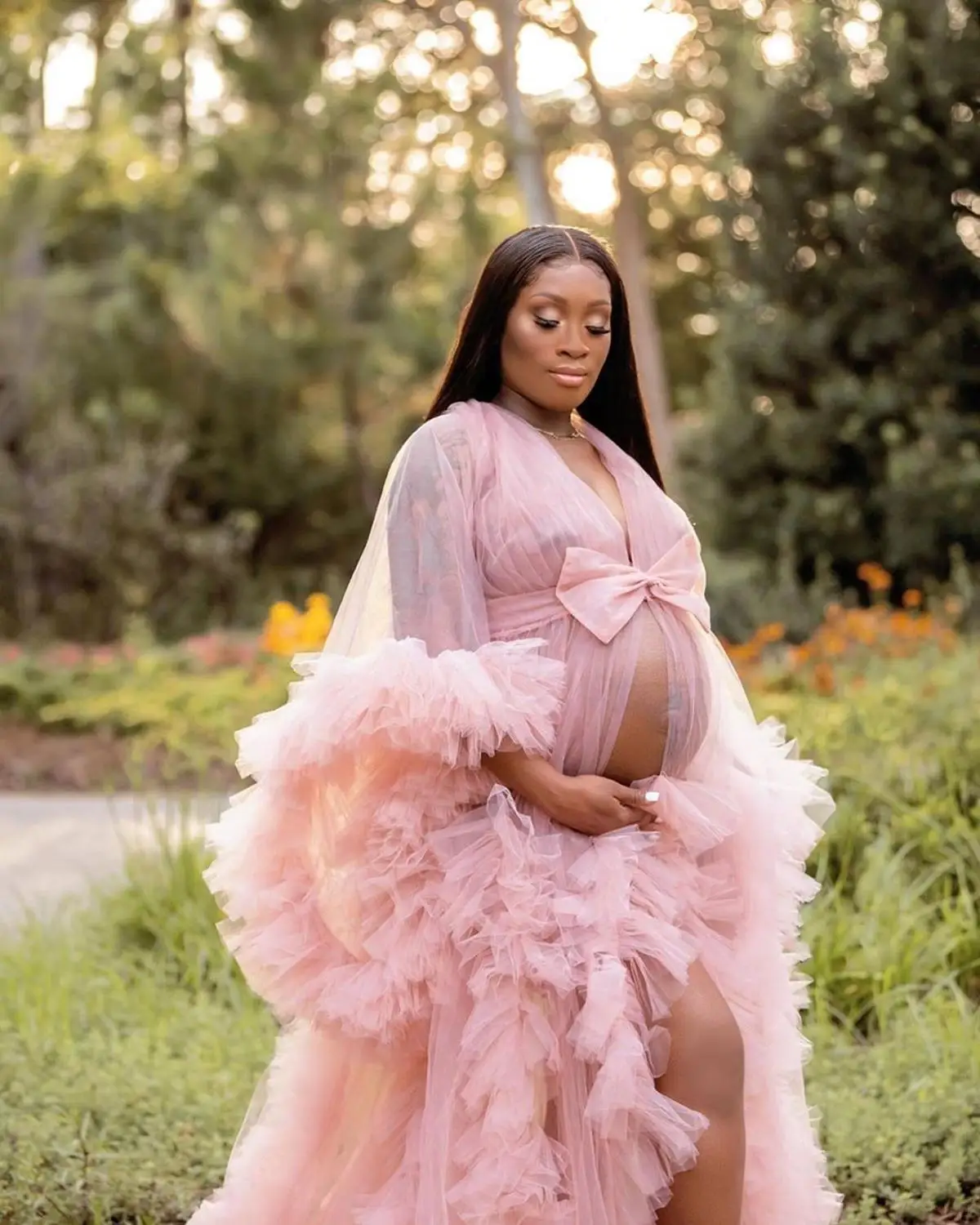 Túnicas de maternidad de tul transparente para mujer, vestidos de talla grande, Rosa, con mangas largas, para sesión de fotos