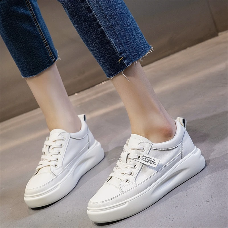 Meotina Platform Shoes Women Natural Genuine Leather Flat Casual Shoes Real Leather Lace Up White Sneakers Ladies Flats Spring