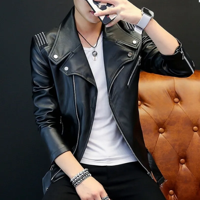 ฤดูใบไม้ร่วงหล่อ Mens Slim Fit Pu หนัง Punk สไตล์ Biker Faux หนัง Outwear ผู้ชายบุคลิกภาพซิปเสื้อสีขาว