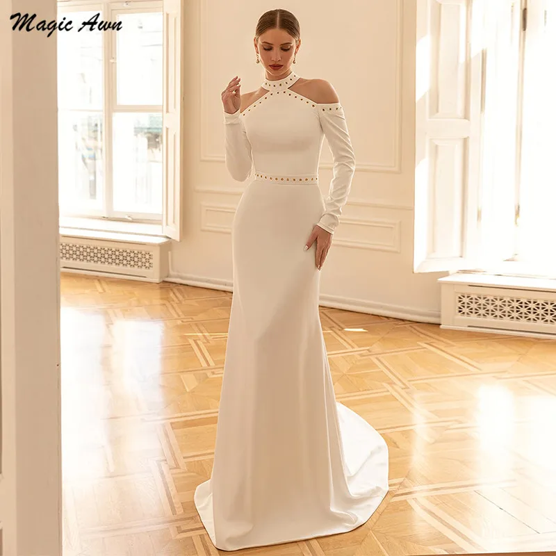 Magic Awn Chic Mermaid Wedding Dresses 2022 For Women Halter Long Sleeves Bodice White Trumpet Bridal Gowns Robes De Mariage