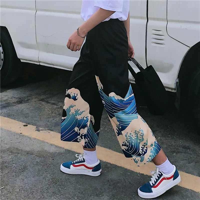 Unisex Man Woman Cropped wide-leg pants Japanese Style Harajuku Ukiyo Wave Print Casual Elastic Cartoon Leisure Loose Trousers