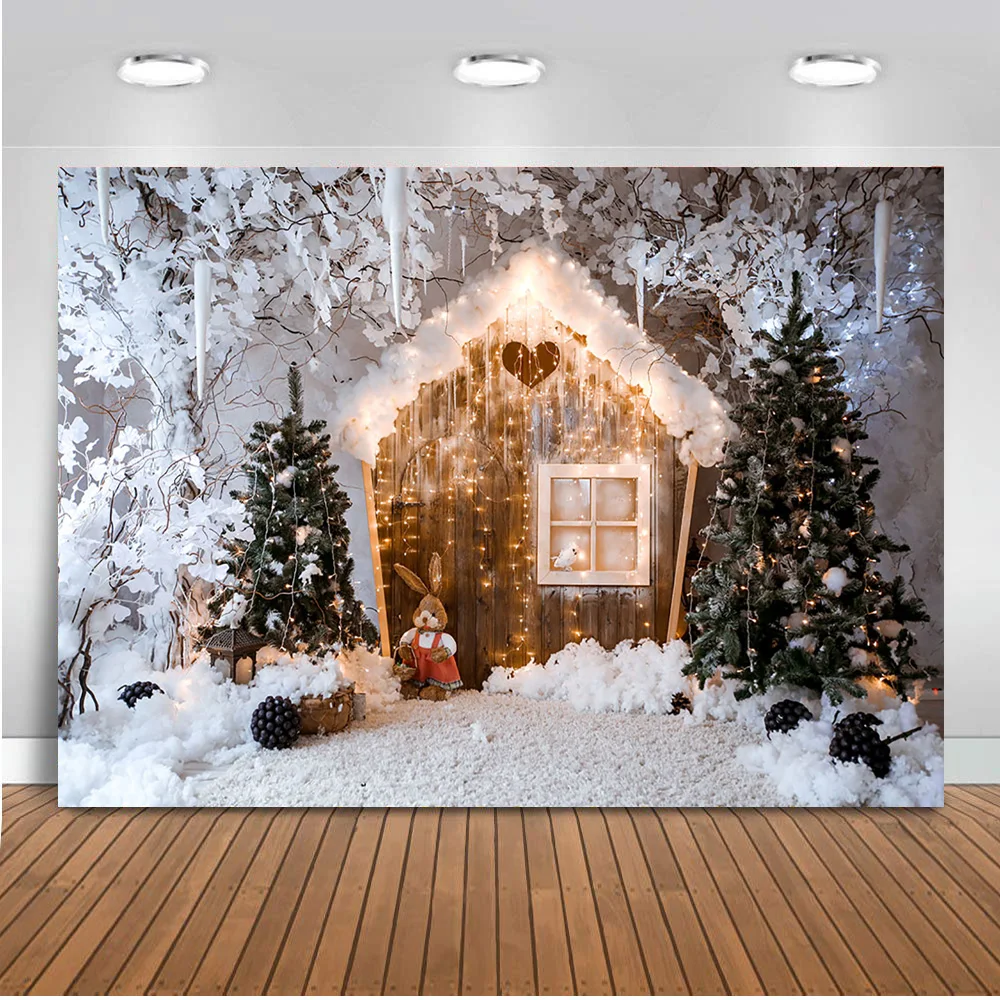 Winter Snow Backdrop for Photography Christmas Tree Frozen Wonderland House Xmas Party Banner Decor Background Rabbit Light
