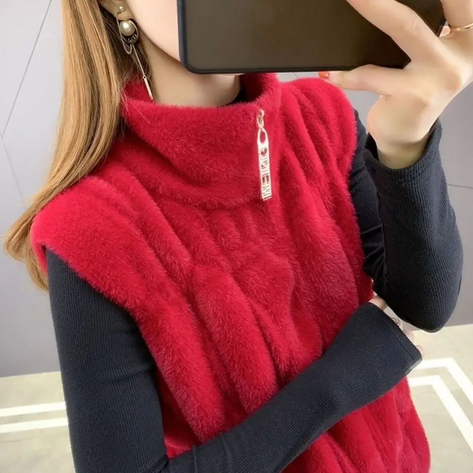 2021 Autumn Winter High Neck Velvet Vest Women Thick Elastic Vest Zipper Closed Solid Color Sleeveless Garment Warm Outwear