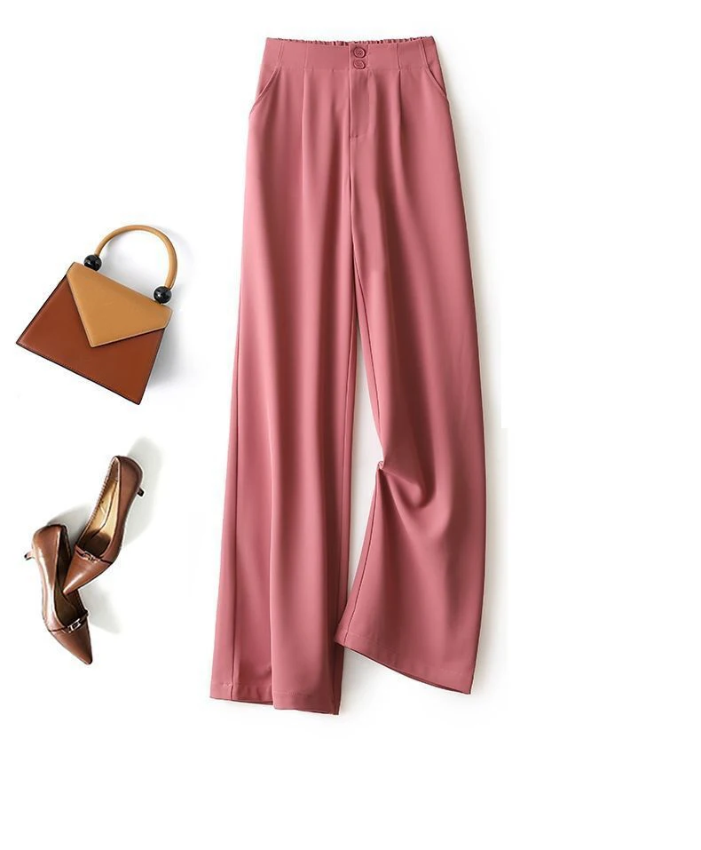 2021 Summer Autumn Chiffon Suit Pants Button Fly High Waist Wide Leg Pant Solid Color OL Elegant Elastic Waist Casual Trousers