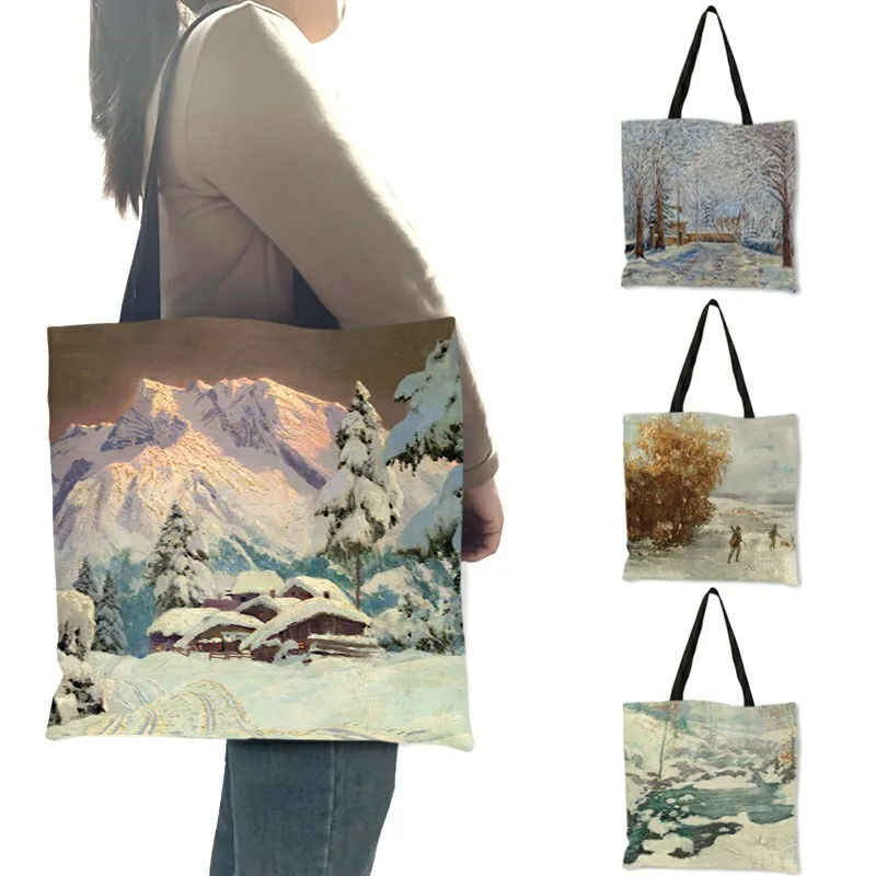 Beautiful Forest Snow Scenery Painting Shopper Bag Women Designer Handbags Printed Large Tote B13173