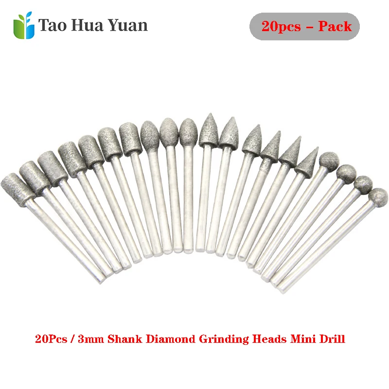 20pcs 3mm Shank Diamond Grinding Heads Mini Drill Burrs Bit Set for Rotary Tool Grinder Mayitr Glass Carving Mold Grinding Tools