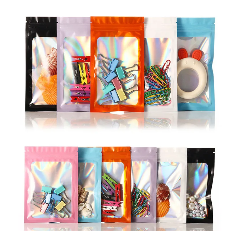 

100pcs Clear Front Rainbow Laber Zip Lock Foil Window Bag Resealable USB Chip Memory Card Jewelry Beauty Heat Sealing Pouches