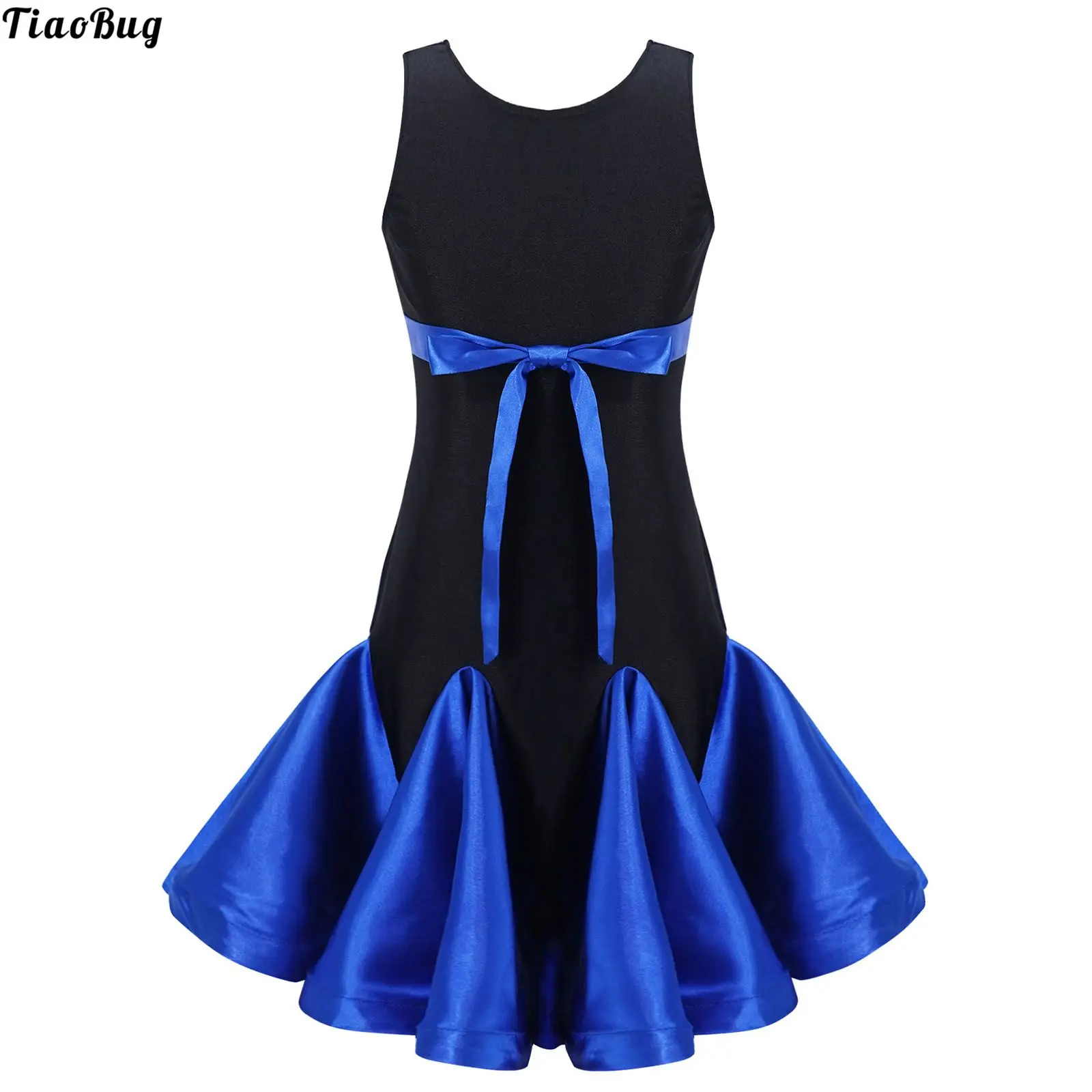 

Kids Girls Sleeveless Round Neckline Double Back Long Straps Lace-Up At Waist Contrast Color Tutu Latin Dance Dress Dancewear