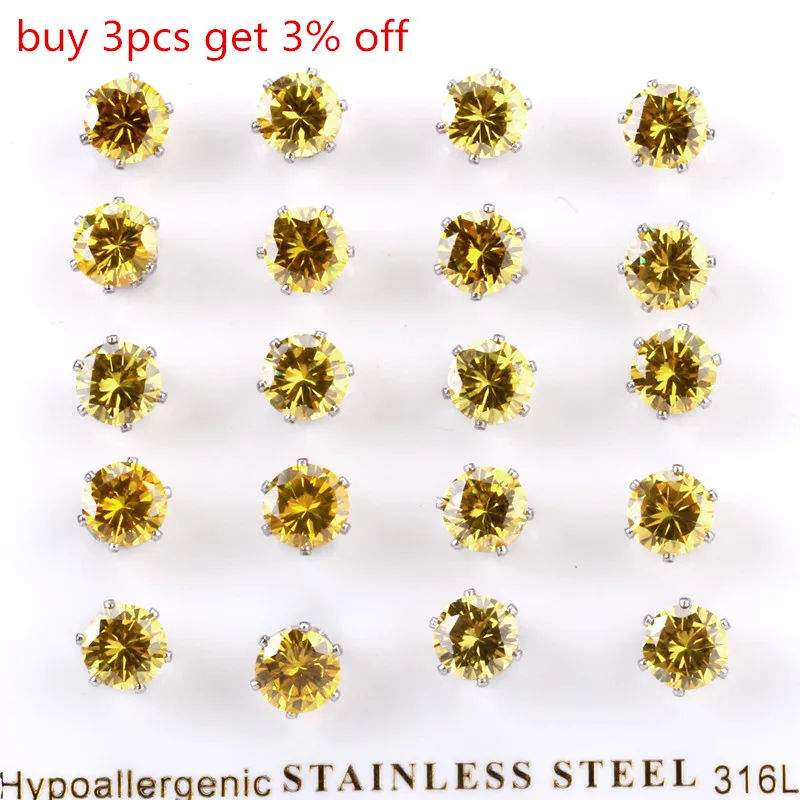 LUXUSTEEL Yellow Color Round Cubic Zirconia Stud Earrings Wholesale 10pairs/card Silver Color Accessories Party Gift Daily