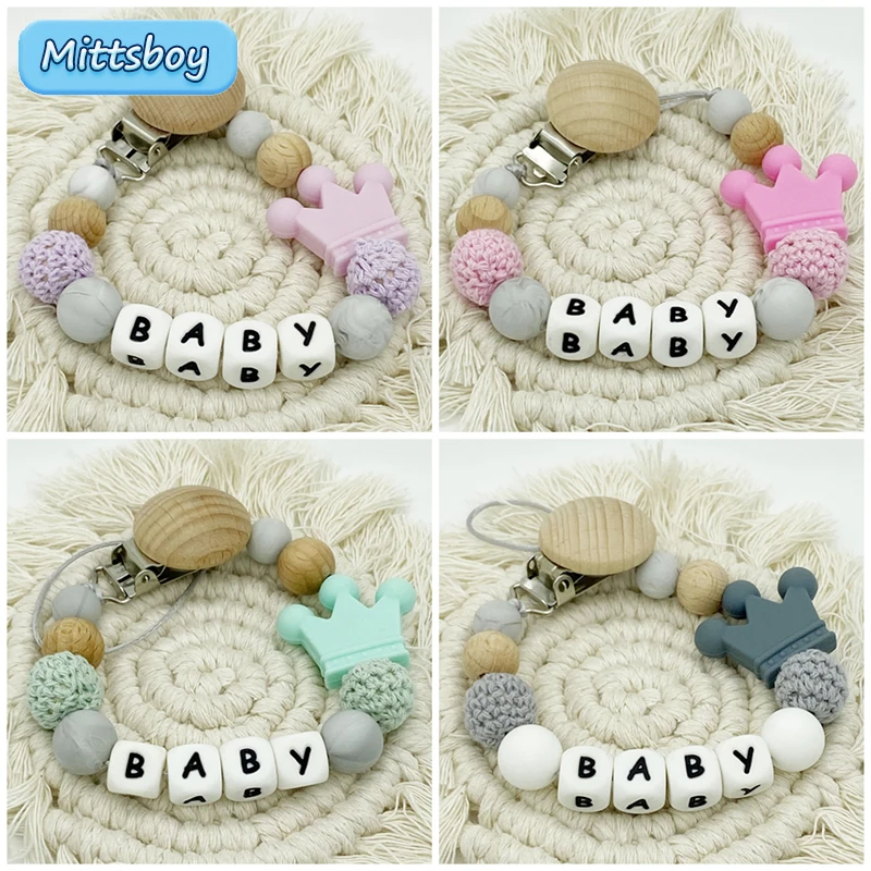 NEW Custom Personalized Name Handmade Pacifier Clip Holder Chain Silicone Letter Pacifier Chain Crown Baby Teether Teething Gift