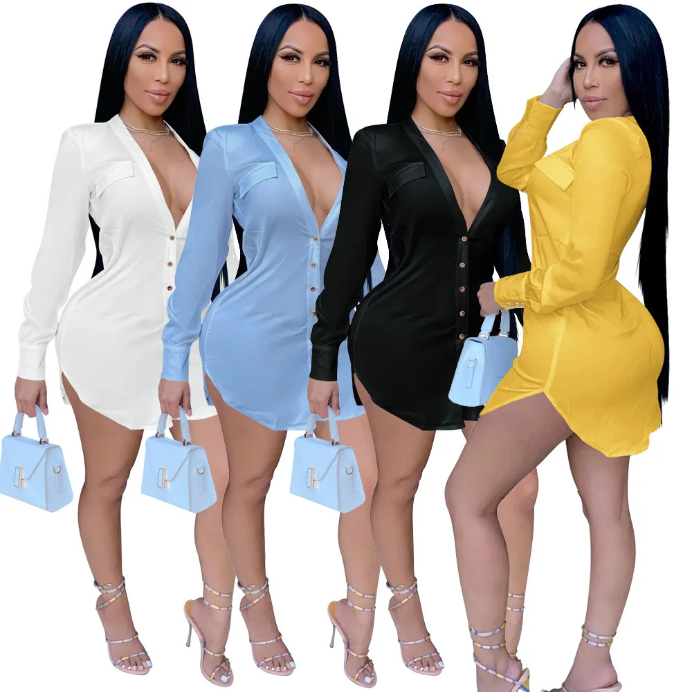 

SKMY 2024 Women Clothing Solid Color Long Sleeve Dress Sexy Deep V-Neck Single Breasted Shirt Mini Dress Party Clubwear