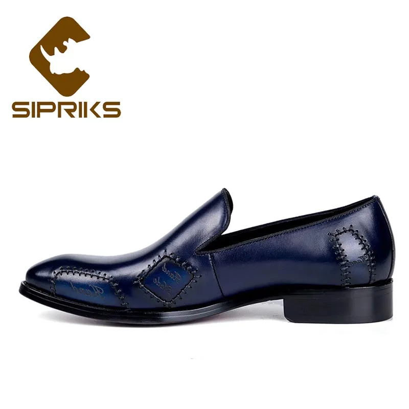 Sipriks Black Blue Khaki Shoes Mens Genuine Leather Slip-On Loafers Male Business Casual Gents Suit Formal Tuxedo Shoes Big Size